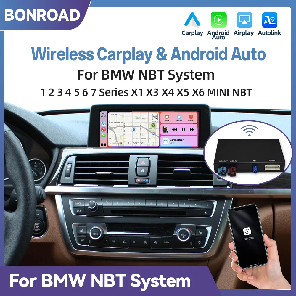 BONROAD Wireless CarPlay Android Auto Decoder For BMW NBT 1 2 3 4 5 6 7 Series X1 X3 X4 X5 X6 MINI F56 F15 F16 F25 F26 F48 F10 F22 F20 F30 F56 with Mirrorlink BT Navigation GPS Interface Module