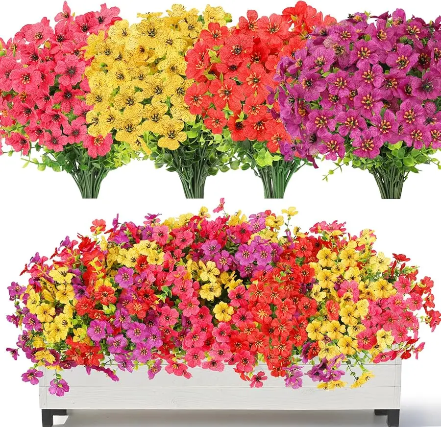 

Artificial Flowers for Outdoors,16 Bundles Fake Flowers with Violets & Eucalyptus Leaves in 4 Vibrant Colors,UV Resistant Artifi