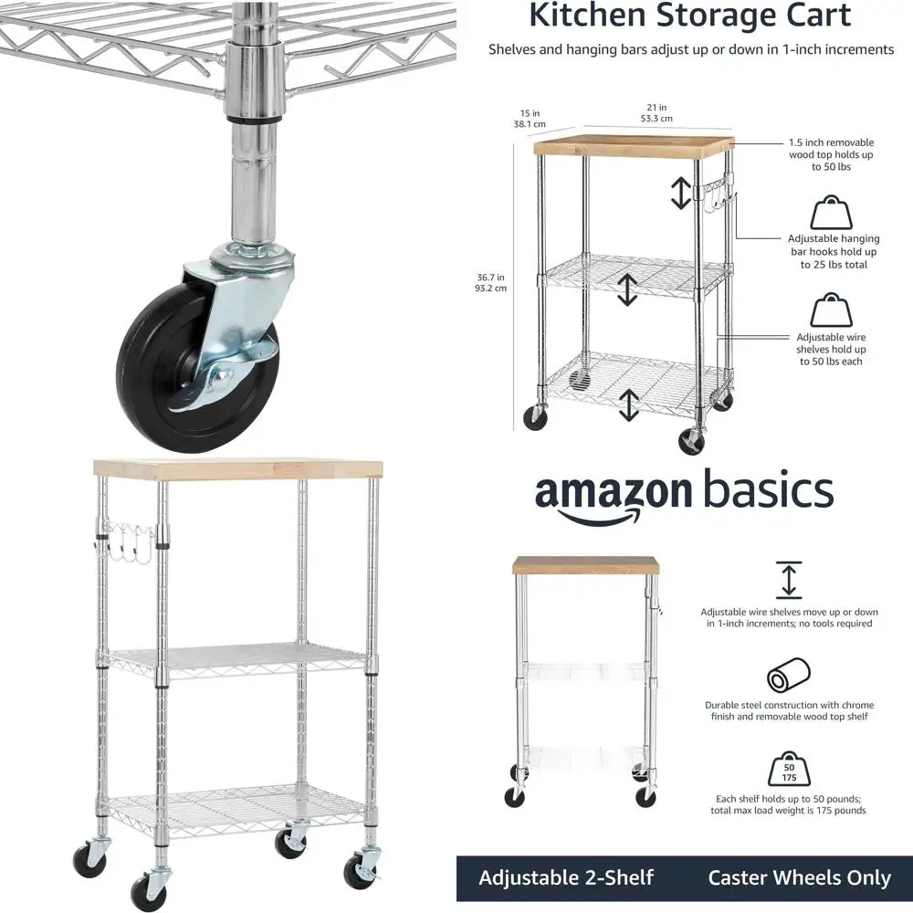 

3-Tier Rolling Kitchen Storage Rack with Adjustable Shelves, 175 lbs Capacity, 21x15x36.7 Wood/Chrome