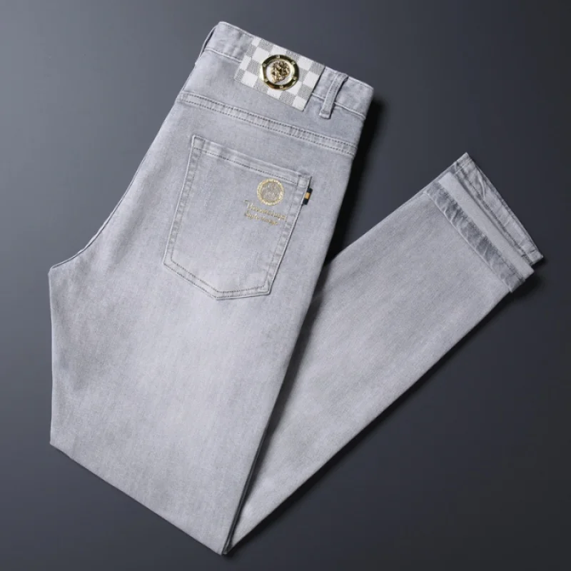 Pantalones vaqueros elásticos de algodón para hombre, jeans grises claros, ajustados, rectos, fáciles de combinar, de gama alta, informales, de lujo, 2024