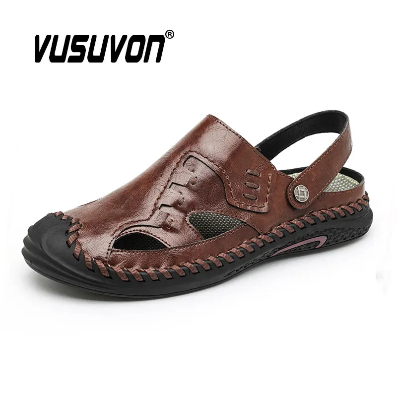 2023 Genuine Leather Men Shoes Summer New Large Size Sandals Fashion Boys Black Beach Water Slippers Big 38-46