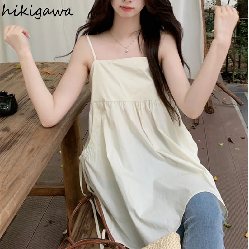 Summer Woman Dress Fashion Loose Sling Robe Vestido Femme Bandage Pockets Casual Korean Y2k Dresses 2023 Vestidos De Mujer