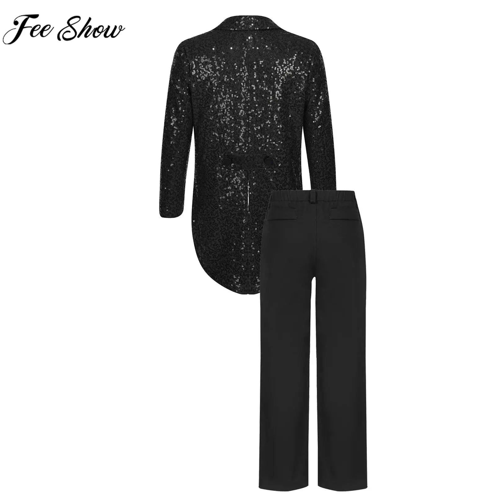 Children Boys Gentlemen Tuxedo Outfit Long Sleeve Sequin Tailcoat Blazer with Pants for Wedding Party Circus Magic Shows Dancing