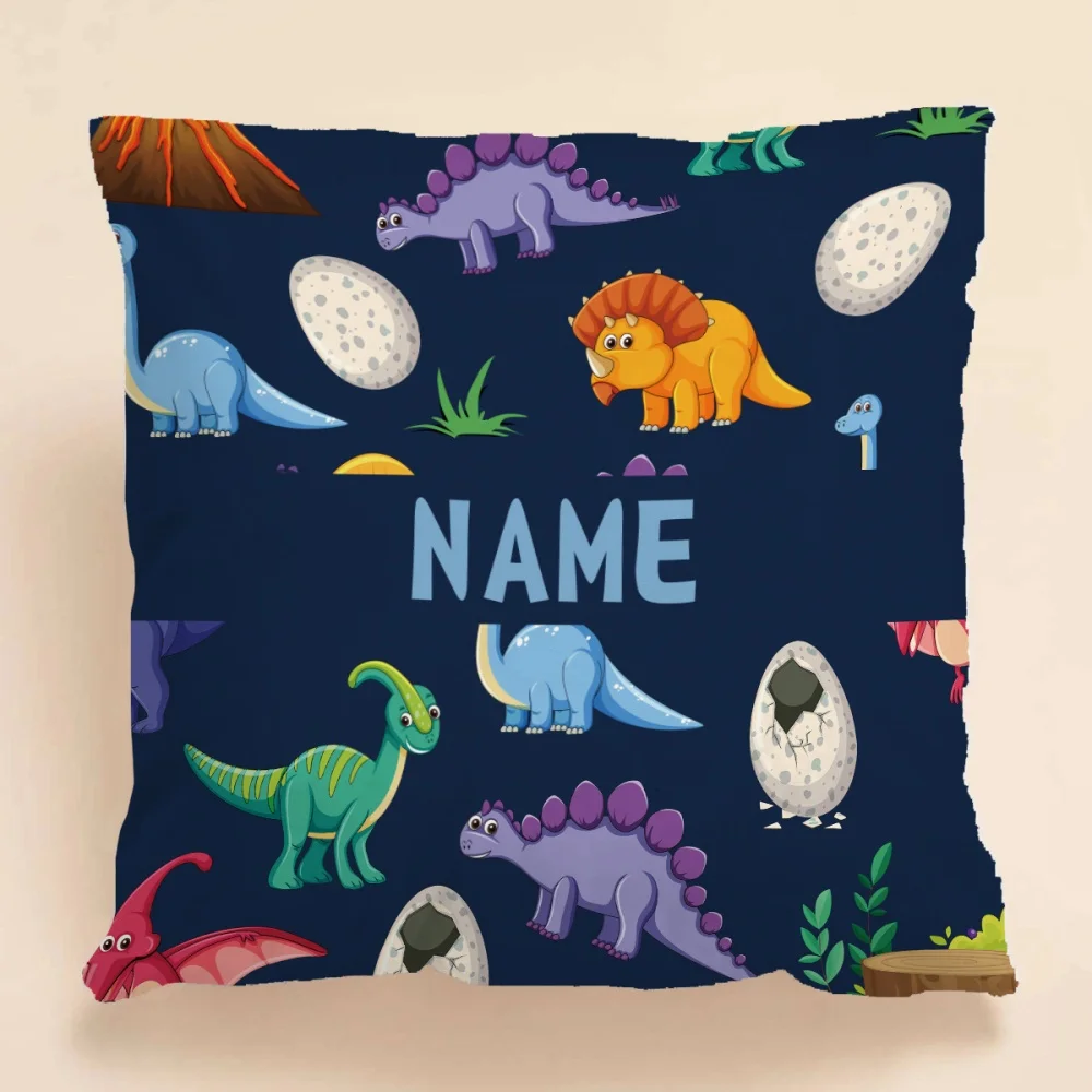 1Pc Customizable Dinosaur Volcano Printed Throw Pillow,Personalized Name Text,Double-Sided Design Zipper Closure,Home Sofa Decor