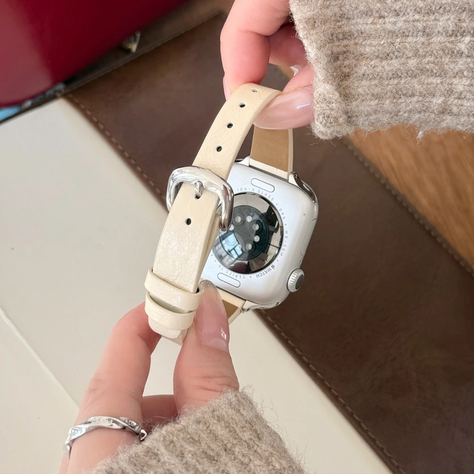 Vintage Solid Color Leather Strap For Apple Watch Band S11/10/9/8/7/SE/6/5/Ultra IWatch 49/46/45/44/42/41/40/38mm Slim Bracelet