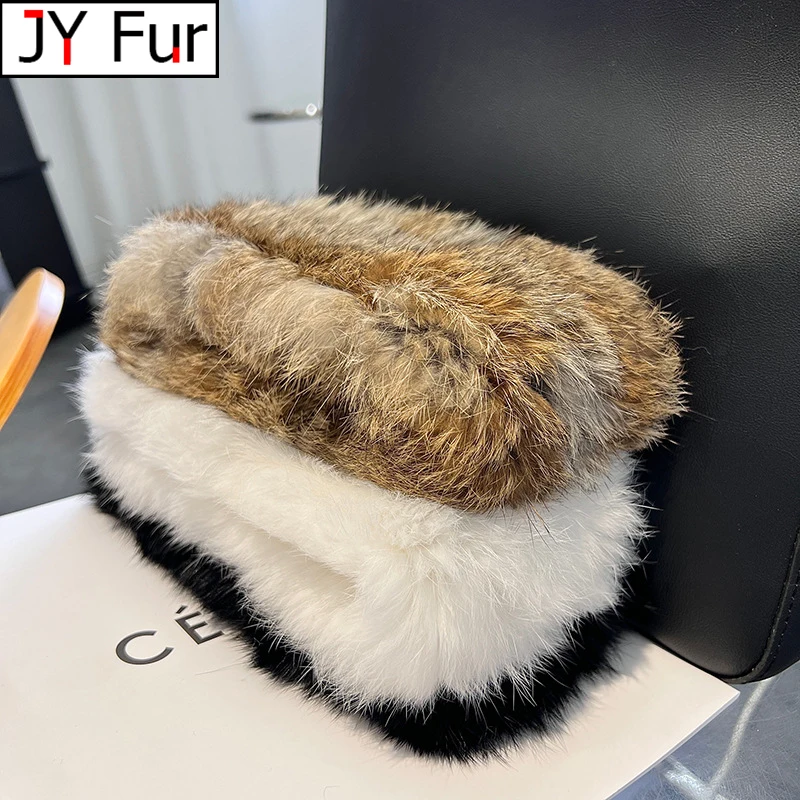 Women\'s Hand-Knitted Real Rabbit Fur Headband Knitted Fur Scarf Warm Empty Top Plush Hat Autumn and Winter Jewelry Accessories