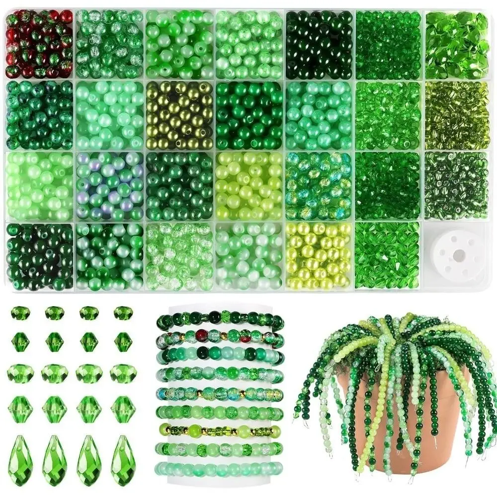 Crystal Glass Material 6mm Green Glass Beads Set Beginner Friendly Handmade DIY Supplies DIY Beaded Plants Multi-shaped