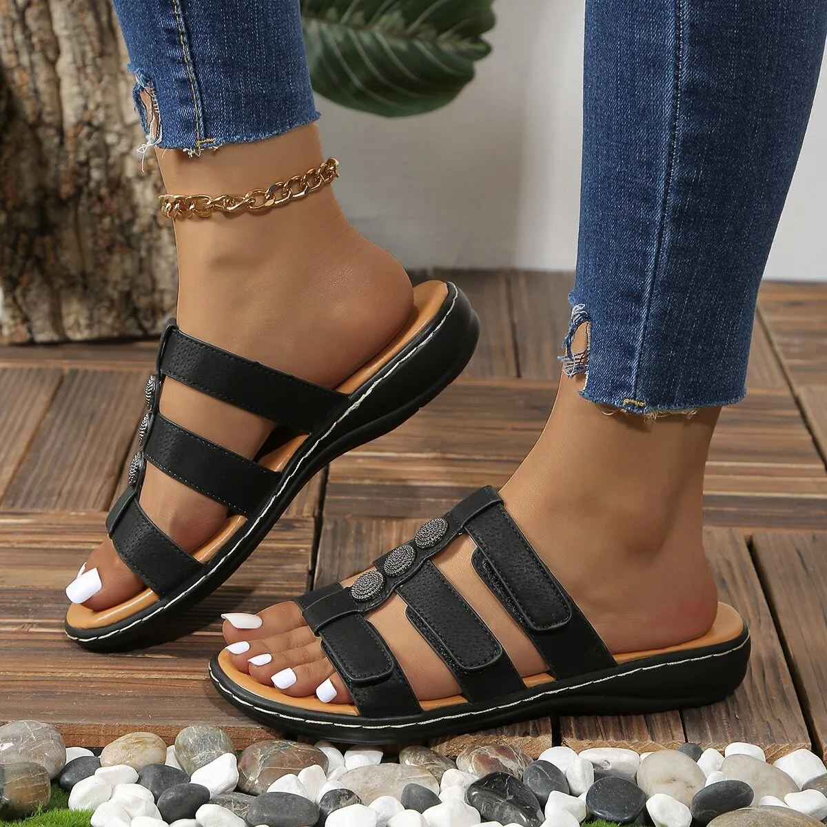 2024 Summer Sandals Solid Flat Slippers Female Fashion Open-toe Women's Slippers Outdoor Comfortable Beach Rome Shoes for Women