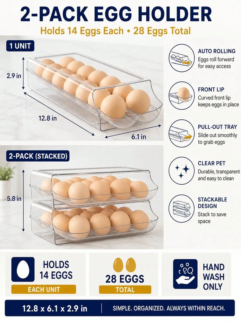 2-Pack Clear Automatic Rolling Egg Holder, Stackable Fridge Drawer Organizer, 28 Eggs Total, Pantry Cabinet Storage