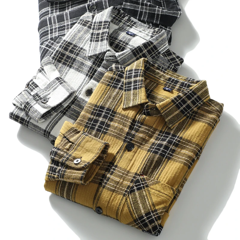 Retro American Washed Brushed Plaid Long Sleeve Men's Shirt Korean Style Workwear Large Pocket Trendy Youth Jacket Coat