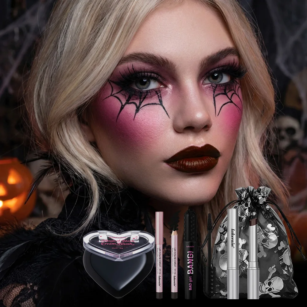 Halloween Makeup Set High Saturated Color Long Lasting Easy Remove Safe Formula Cream Blush Lipstick Mascara for Daily & Party