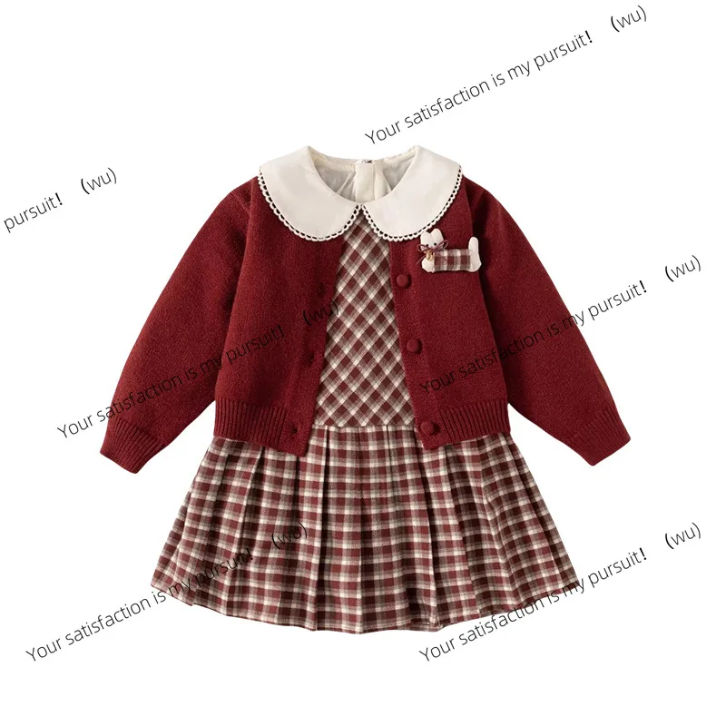 Vestido de otoño para niña, nuevo vestido de princesa tejido de estilo extranjero, cárdigan, conjunto de dos piezas
