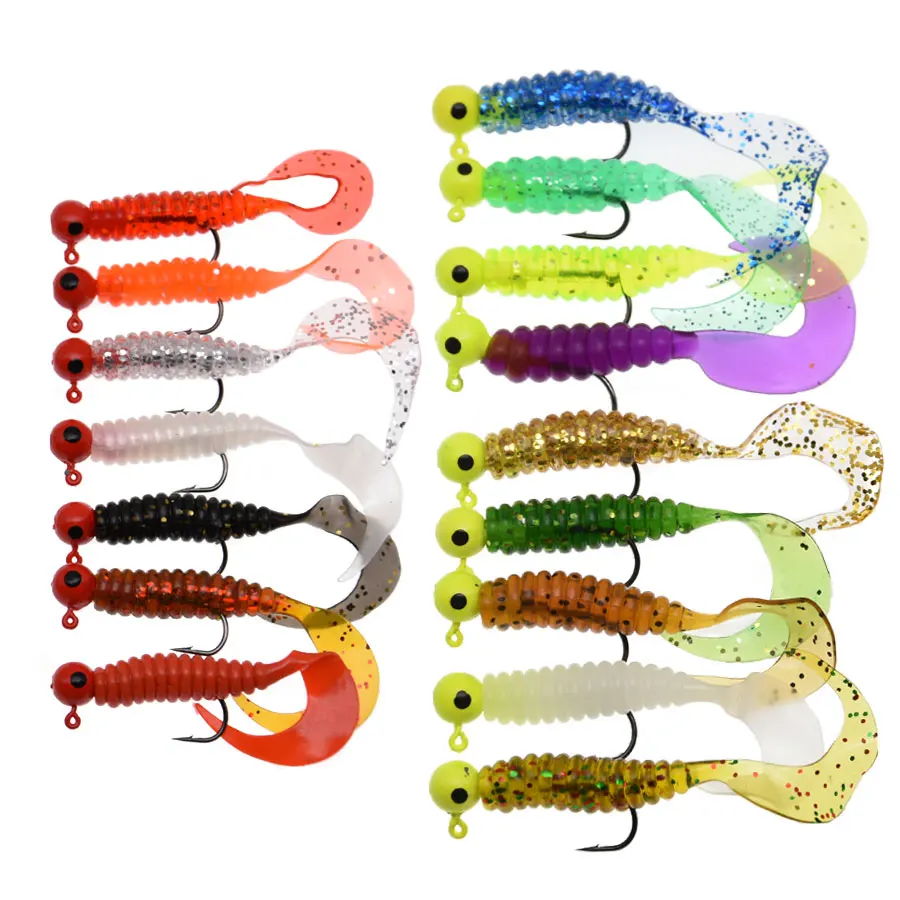 Mrlurion 8 stuks 6 cm vissen set jigging hoofd haak met zachte worm grub lokken aas, baars bas snoek lokken aas isca