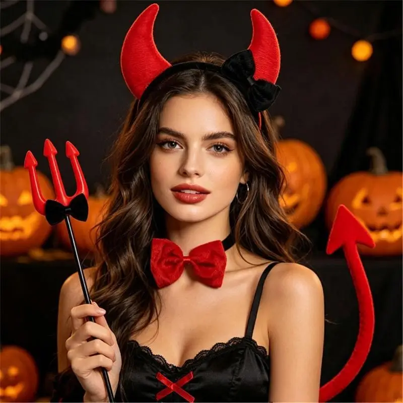 Halloween Cosplay Devil Set with Headpiece, Tail and Tulle Skirt 6XDA