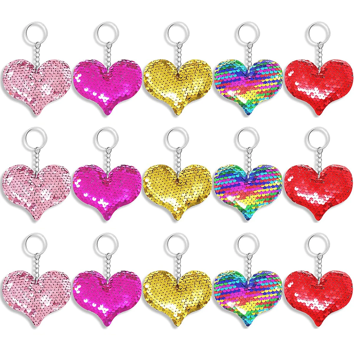 15pcs Flip Sequins Love Heart Key Chain Fashionable Luggage Accessories Pendant, Children Adult Party Gifts Back To School Gifts