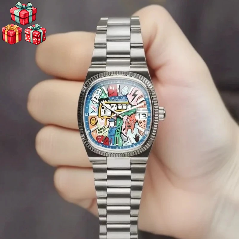 ساعة مربعة جديدة للزوجين بقرص فني تجريدي، ساعة كلاسيكية أنيقة، ساعة كوارتز فضية وسوداء وذهبية، هدية فاخرة على طراز الشارع #1