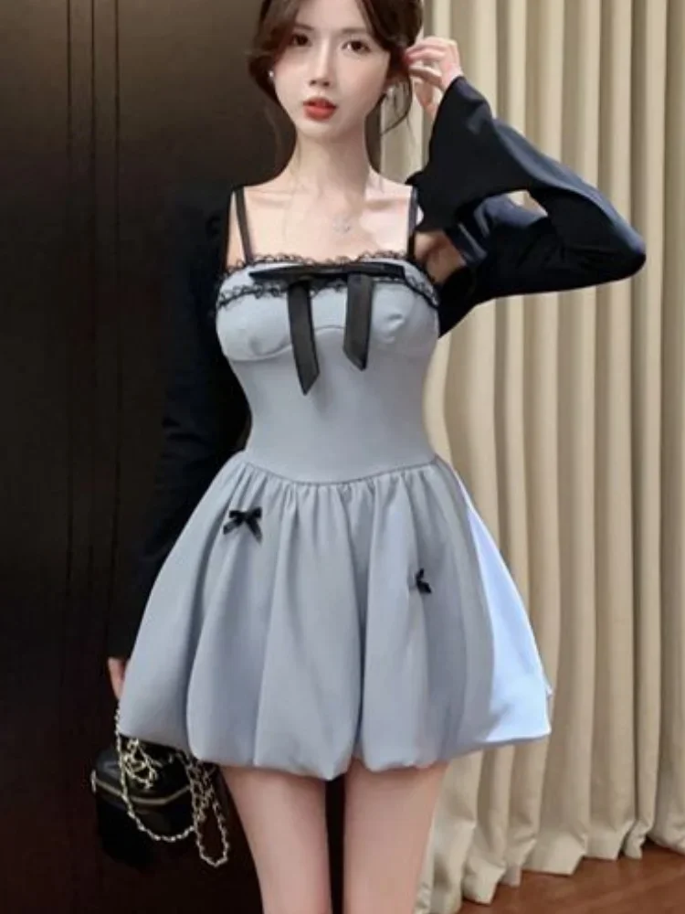 Summer Korean y2k Sweet 2 Piece Set Women Fashion Black Cardigan + Bow Lace Suspender Dress Female Chic Sweet Dress Suits