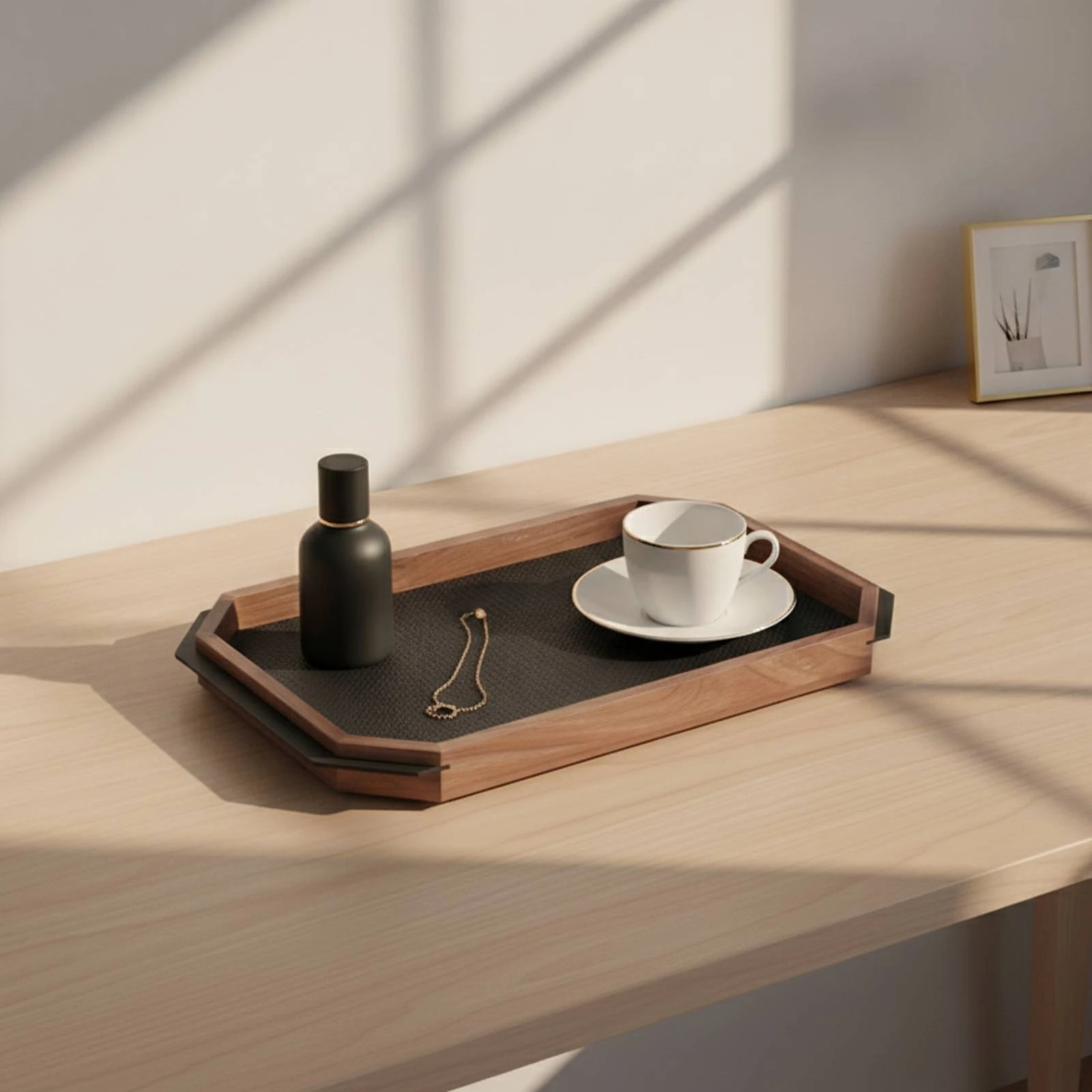Walnut Tray with Leather Inset Low-Height Octagonal Wooden Tray Decorative Classic for Coffee Table, Entryway