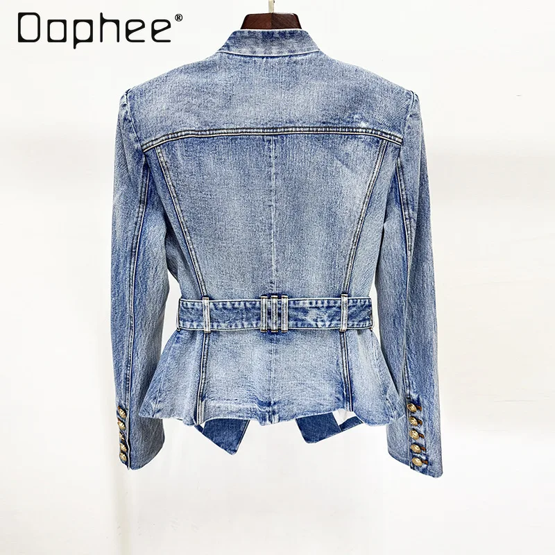 2025 Herfst Nieuwe Mode Persoonlijkheid Trendy Vintage Verontruste Denim Jassen voor Vrouwen Riem Slanke Lange Mouwen Diepe V-hals Jassen