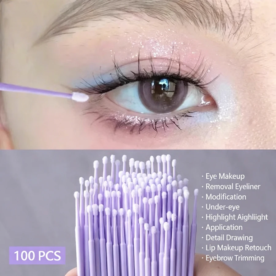 100 Nano Swabs - Alcohol-Free, Ultra-Fine Tip Design for Precise Eyeliner and Eye Makeup Removal, and Eyelash Cleaning - Gentle Multi-Color Options (Purple, Green) in Individual Hygienic Packaging, Neatly Stored