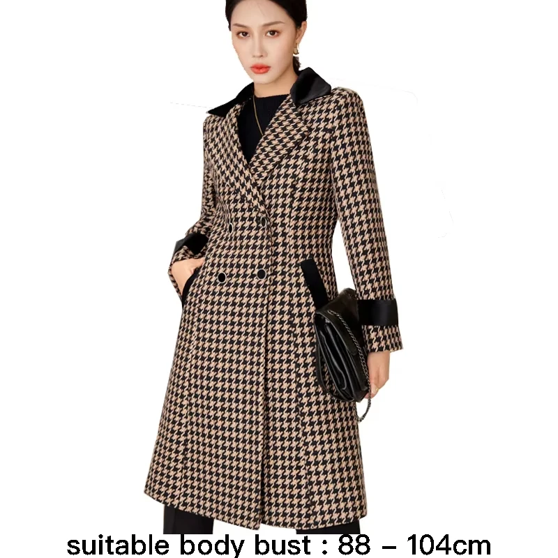 High quality wool blend long trench coat for women double breasted new winter 2024 elegant clothes - black beige plaid