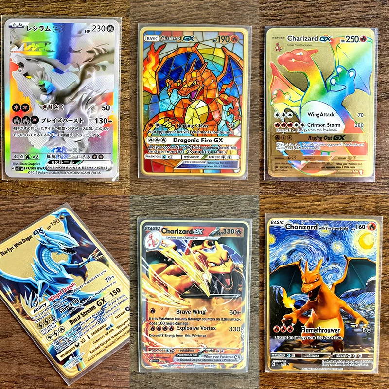 Anime-Themen Sammelkarten-Set - Blauäugiger Weißer Drache. Charizard.Reshiram 6 Stück Fan-Karten, Spielkarten als Geschenk zur Präsentation