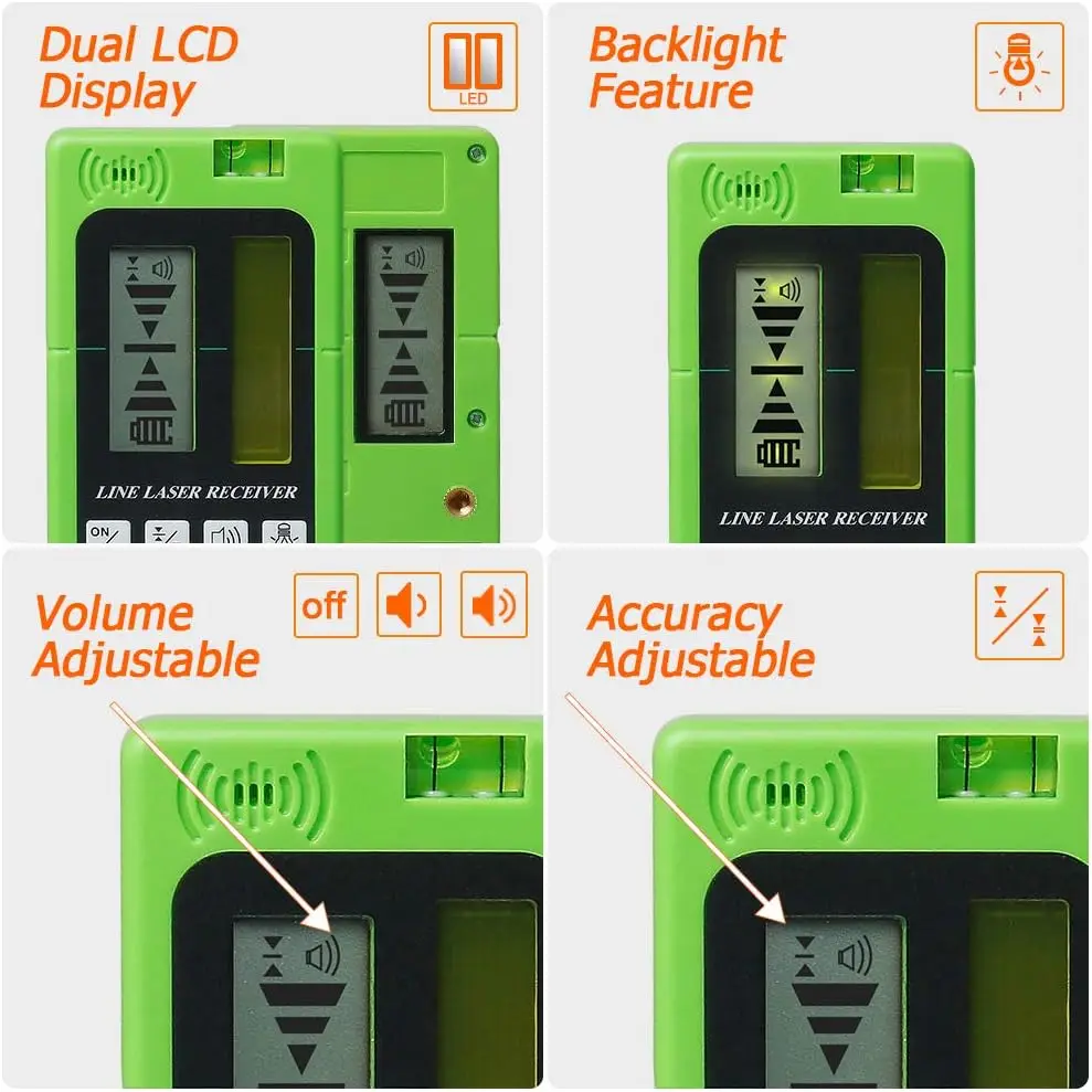 Imagem -03 - Receptor de Nível Laser Detector com Linha Pulsante Display Lcd Retroiluminado de Dois Lados Recebe Feixe Verde e Vermelho Huepar-lr5rg