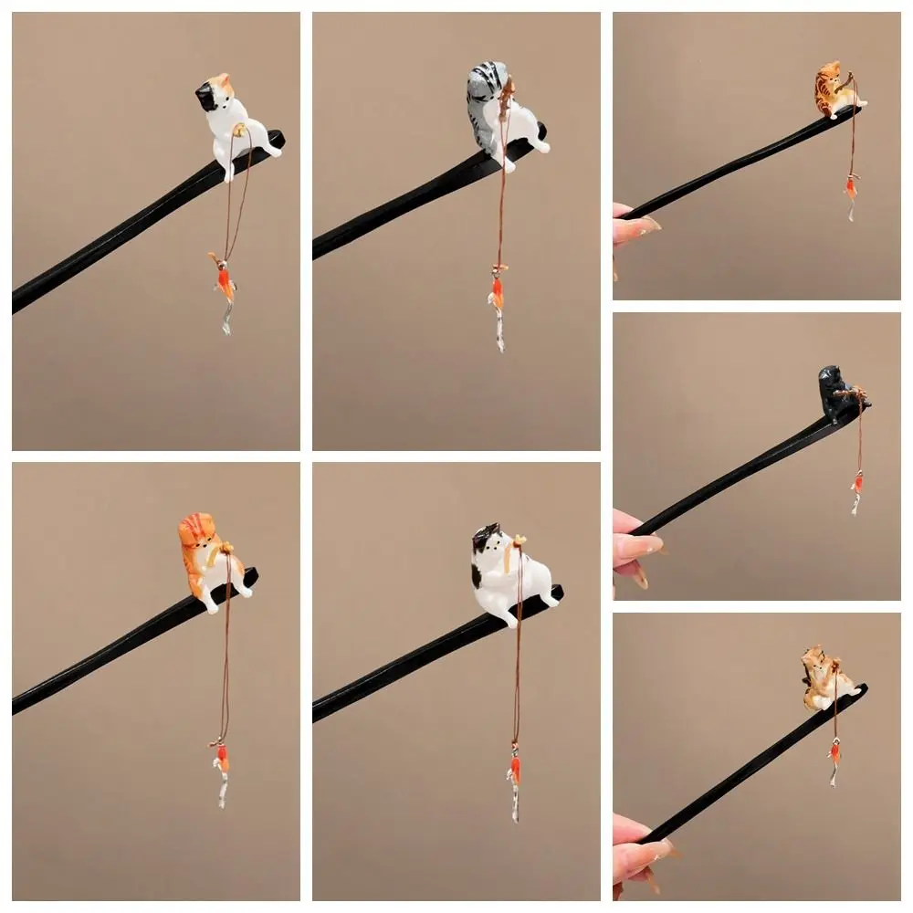 Antigo gato pesca vara de cabelo de madeira borla preto sândalo hanfu hairpin pauzinho de cabelo para pães para menina
