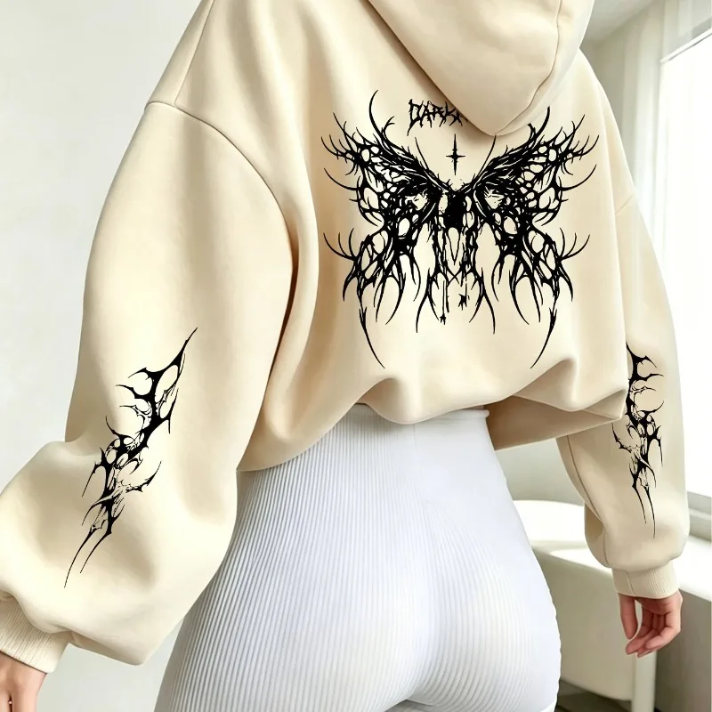 Schwarzer Druck mit Kreuzdorn- und Schmetterlingsmuster, Y2K Retro Street Damen-Herbst-/Winterkollektion mit langärmligem Kapuzenpullover aus Samt – Detail 7