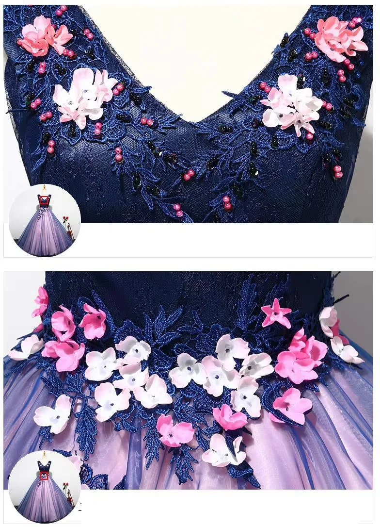 빈티지 Tulle 볼 가운 Quinceanera 드레스 v 넥 진주와 매력적인 꽃 Vestidos De 15 Anos Princess Sweet 16 Dress