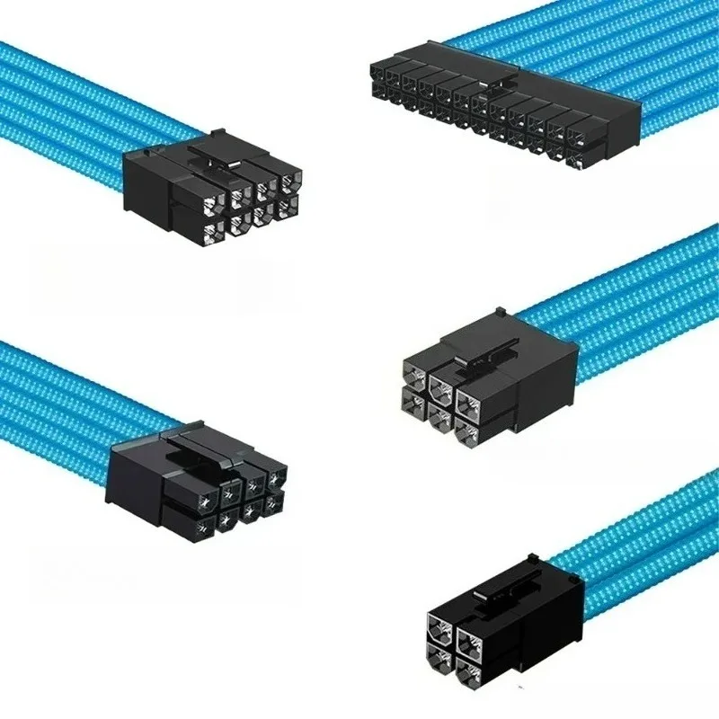 ATX Case Computer Power Extension Cord Nylon Braided Mesh Curved Wire 4-piece Set 18AWG Tinned Copper Wire 24 Pin PCI-E 8 Pin