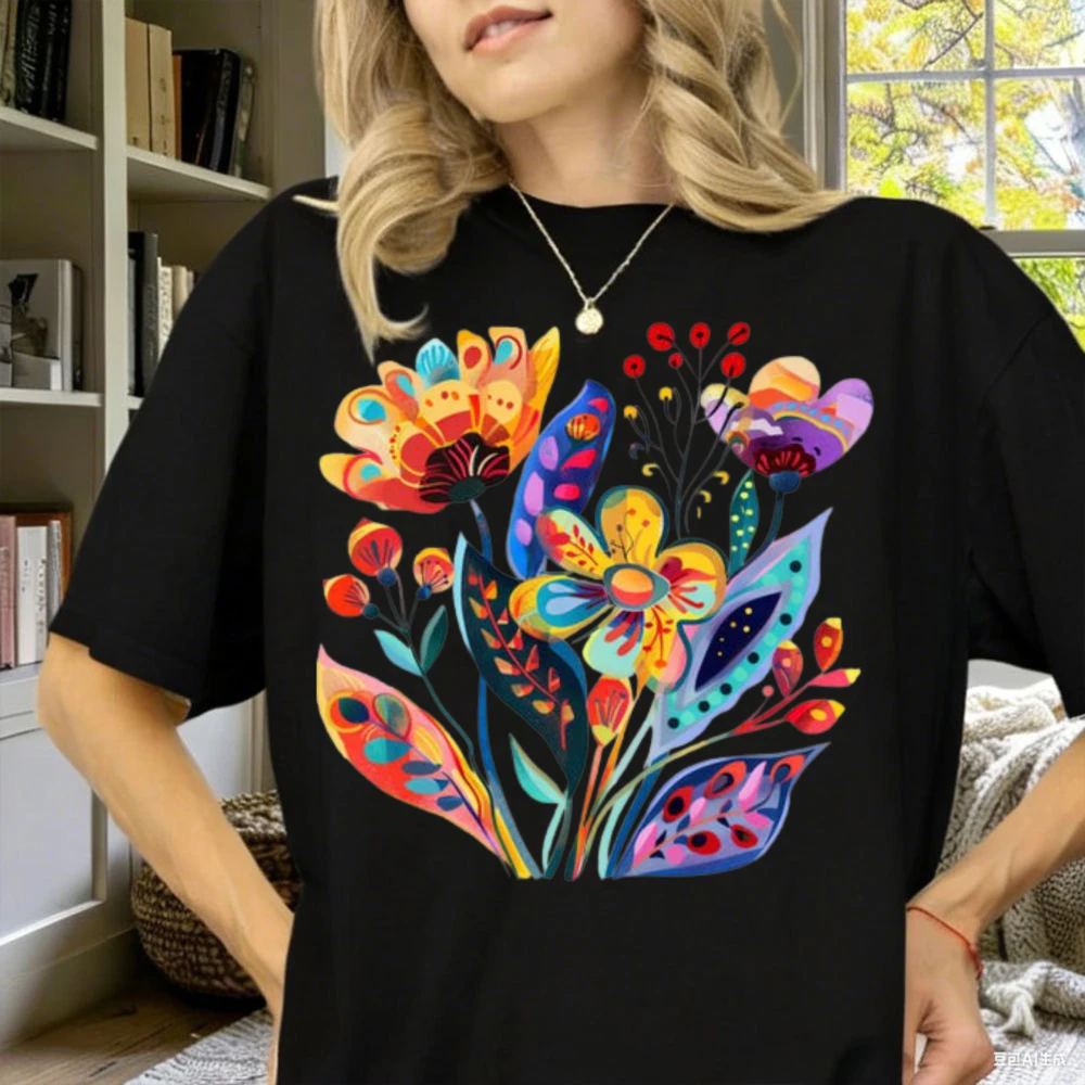 Boho Flower Graphic Tee Colorful Hand-Drawn Print Front & Back Floral Shirt  Botanical Art Gift Femininas Fashion Short-sleev