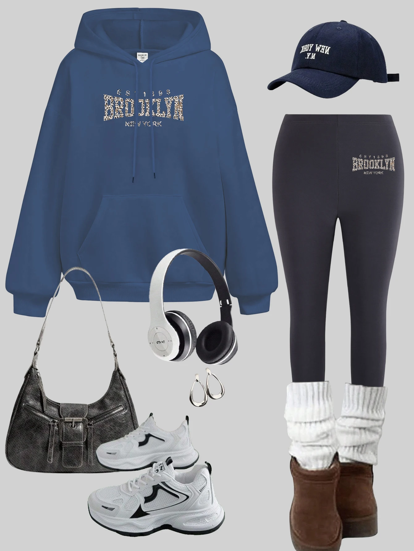 Brooklyn New York Est.1998 Design Hoodies Set Damen Fleece Herbst Hosen verdicken Leggings Sets All-Match Pocket Pullover