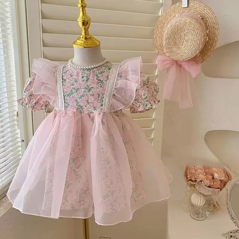 Vestido de princesa con manga de burbuja para niña, traje Floral para fiesta, boda, cumpleaños, tutú, novedad de verano