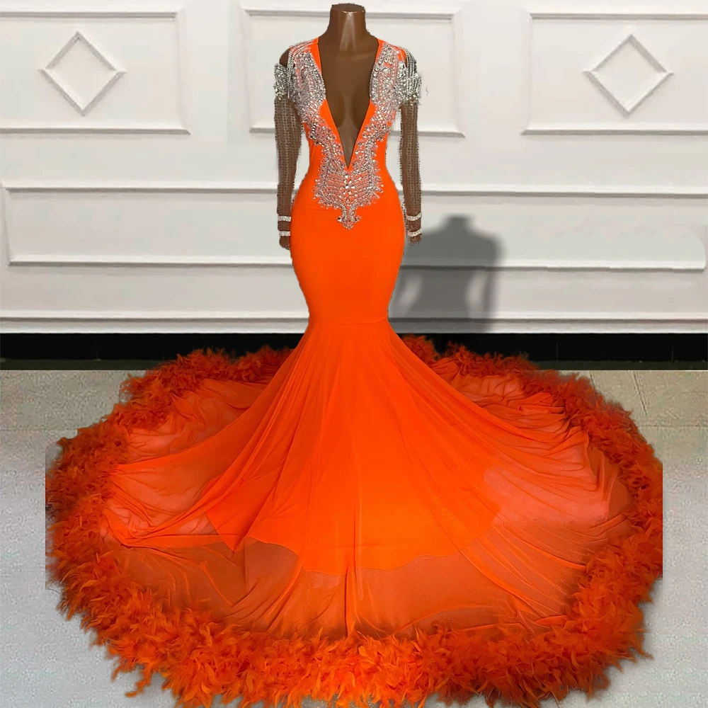 

Orange Rhinestones Beaded Prom Dresses Mermaid Feathers Black Girls African Pageant Party Evening Gowns Vestido De Graduación