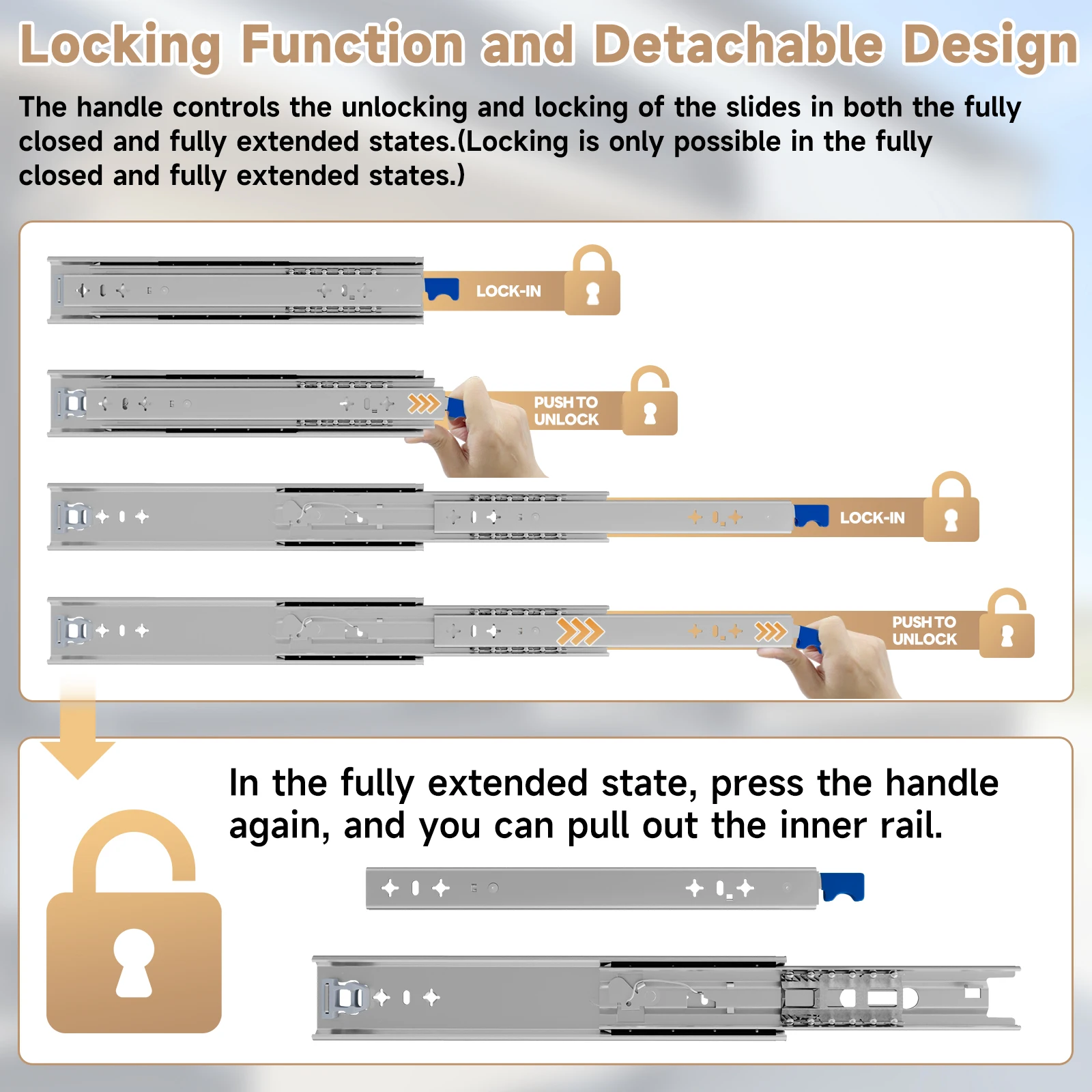 AOLISHENG 1 Pair 260 Lb Capacity Heavy Duty Drawer Slides with Lock,Side Mount Full Extension 3 Fold Ball Bearing Drawer Rails