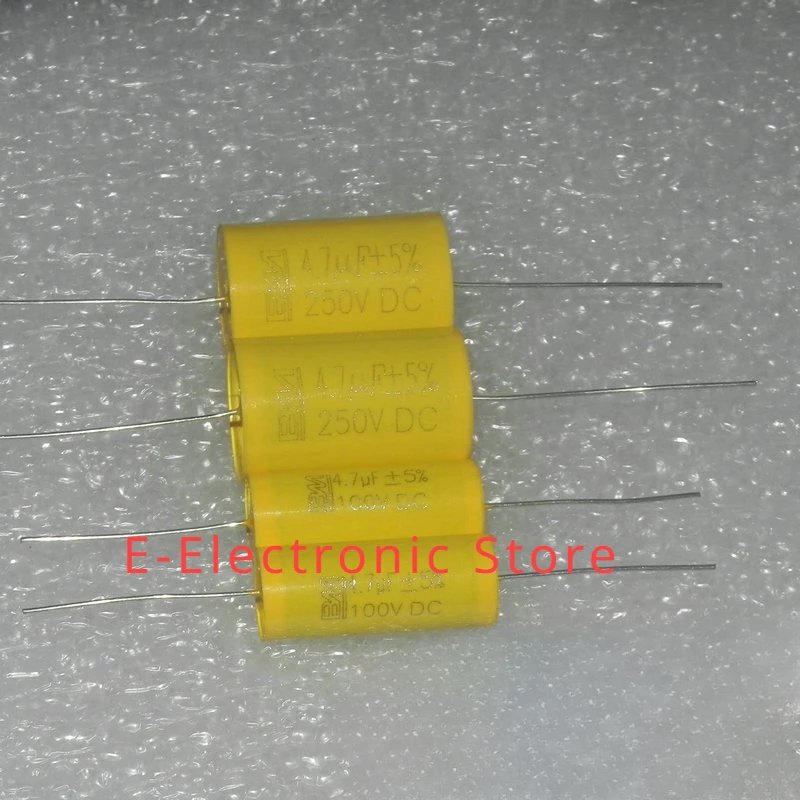 Capacitor de filme fino insensível axial do pé de cobre, 250V, 4.7UF, 475J, 100V, 4.7UF, 150V, 10 PCes pelo lote