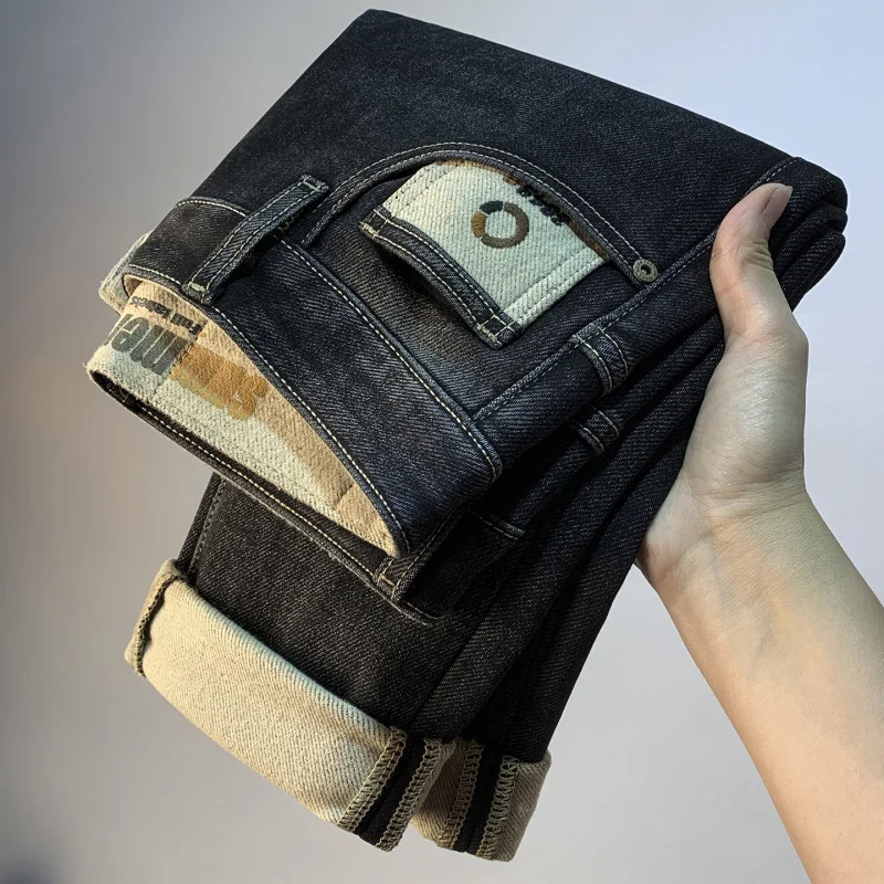 

Мужские черно-серые флисовые джинсы, плотный и плюшевый теплый крой, приталенный крой, маленькие ноги, зимние эластичные повседневные длинные брюки.