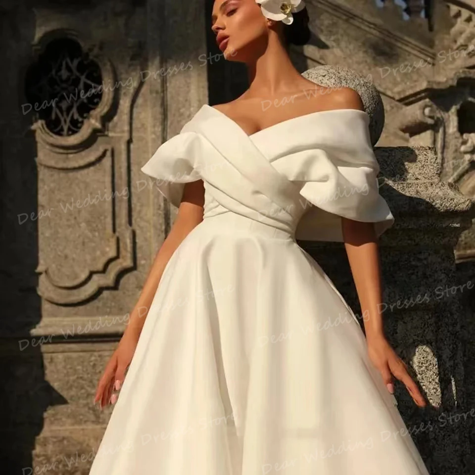 2024 abiti da sposa in raso A pieghe semplici abiti da sposa Sexy con spalle scoperte abiti da festa formali senza schienale da donna Vestidos De Novias