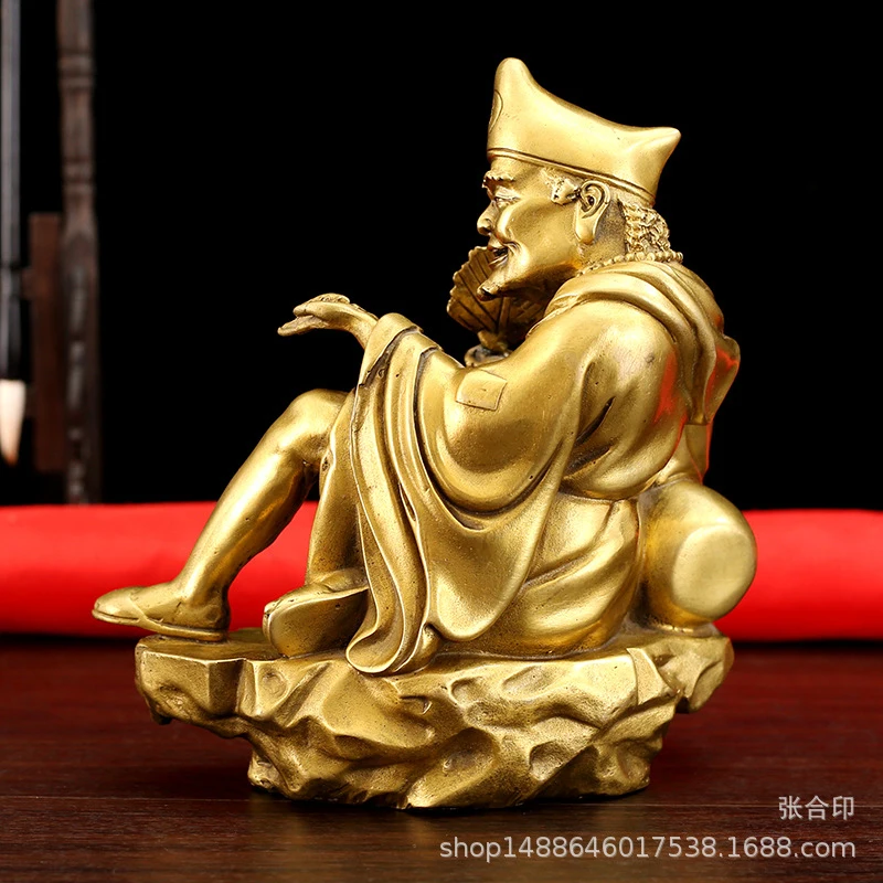 Bronze Statue Of Living Buddha Ji Gong Holding A Fan, Sitting As God Of Mercy, For Home Worship Of The Bodhisattva, Drag