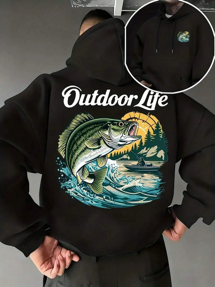 Men Outdoor Life Largemouth Bass Fishing Lake Forest Dual Print Graphic Hoodie, Oversized Drawstring Long Sleeve, Fall Outdoor Angler Casual Top, Soft