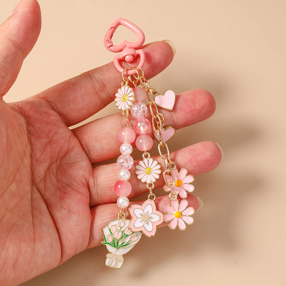 Modische handgefertigte Perlenblumen-Schlüsselanhänger für Autoschlüssel, Damen- und Herren-Handtaschenanhänger, Schlüsselringe, Accessoires, DIY-Schmuck, Geschenke – Detail 2