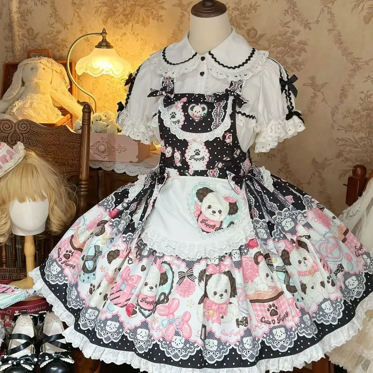 Original Design Cute Lolita Short Puff Sleeve OP Dress Women Vintage Kawaii Cartoon Print Apron Tea Party Princess Dress