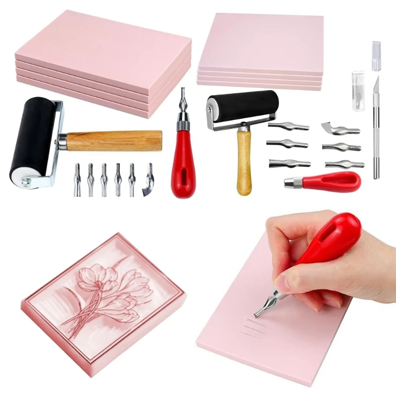 Rubber Stamp Making Block Printing Starter Tool, Linoleum Cutter with 6 Type Roller, Tracings Paper M4YD