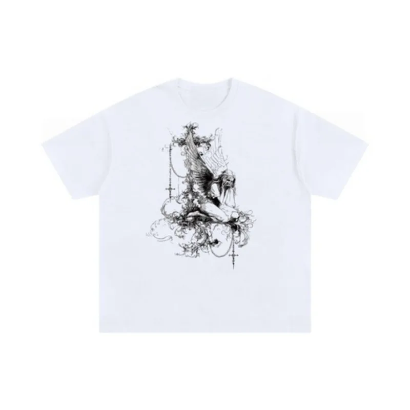 2026 Fallen Angle Dark Anime Girl Wings Print Women's Loose Short Sleeved T-shirt Summer Loose Breathable Fun Street Trend Style