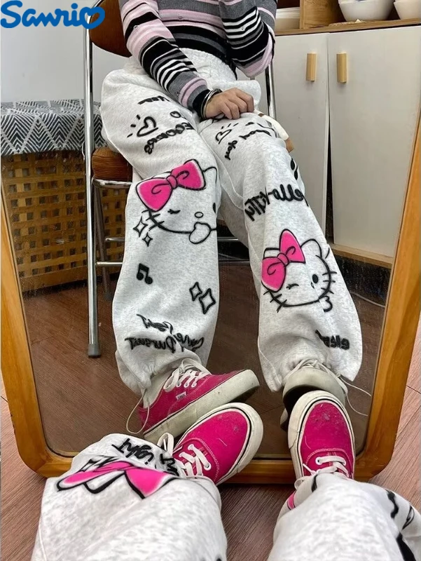 

Hello Kitty Grey Streetwear Sweatpants for Women's Spring and Autumn Y2K New Graffiti Sports Straight Tube Loose Wide Leg Pants