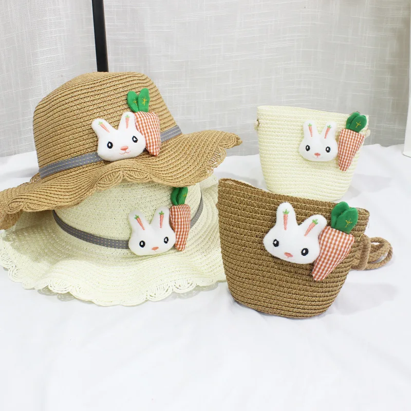 Cute Rabbit Straw Shoulder Bag for Baby Girls Portable Children's Mini Bucket Bag Casual Kids Beach Crossbody Bags Sun Hat