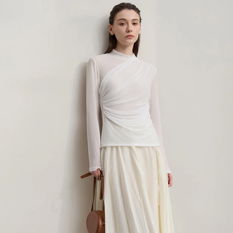 AMII تي شيرت حريمي 2025 خريف جديد س الرقبة سليم تنوعا سيدة محبوك القمم كم طويل مثير انظر من خلال شبكة تي شيرت 12543162