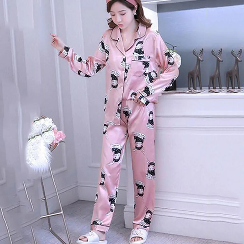 Pajama Women's Spring And Summer Ice Silk Longsleeved Trousers Korean Version Of Spring And Autumn Simulation Silk  Home Clothes