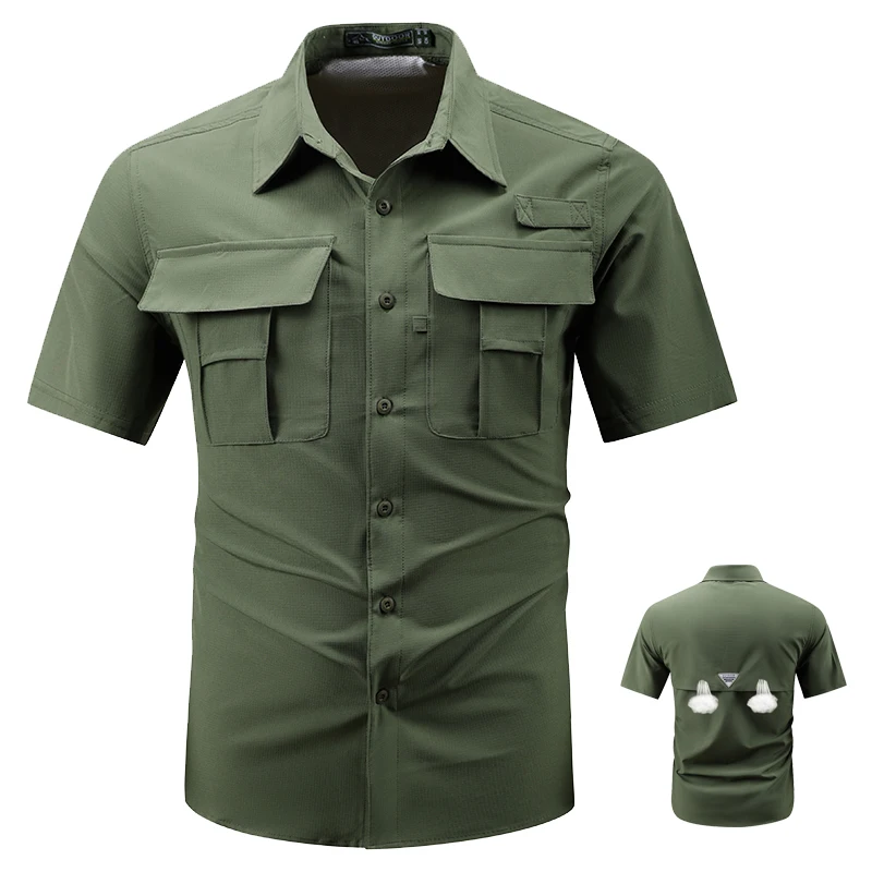 Men Tactical Short Sleeve Shirt Men Cargo Work Shirts Summer Breathable Quick Dry Multi-pocket Hiking Fishing Outdoor Shirts